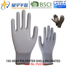 13G poliéster Shell PU guantes recubiertos (PU2101) con CE, En388, En420, guantes de trabajo